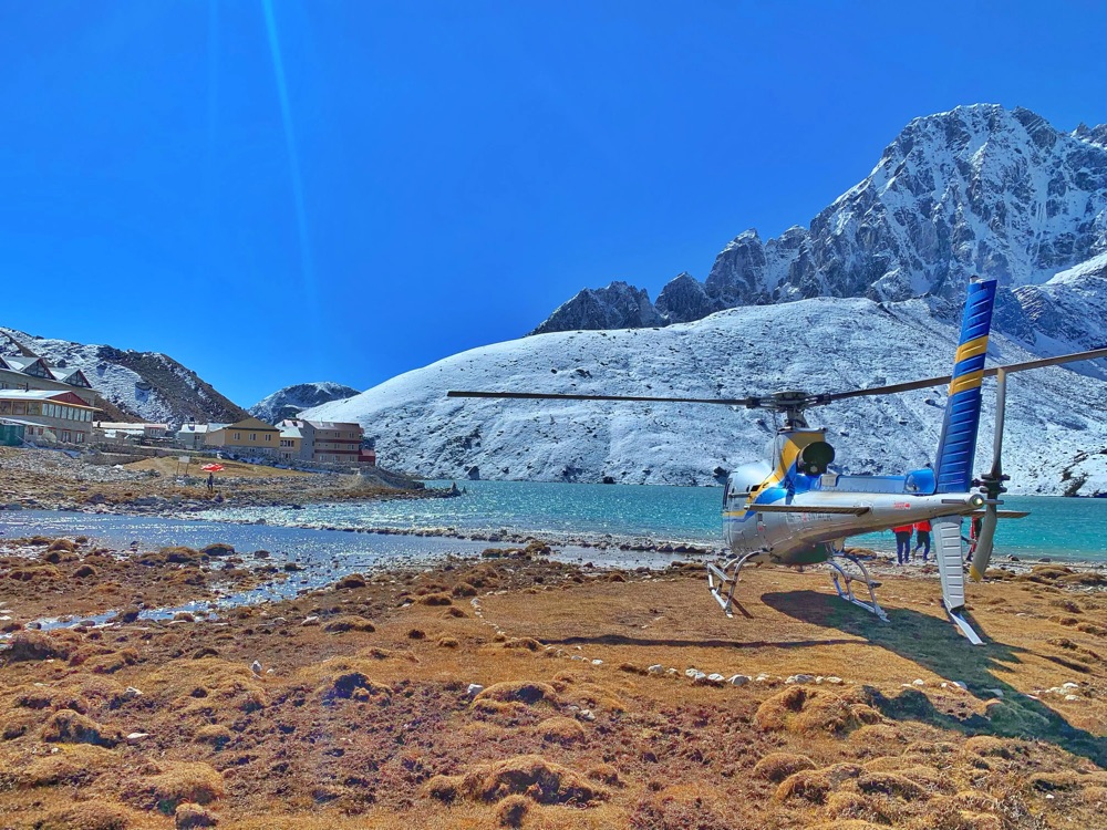 Helicopter landed in a remote mountain region